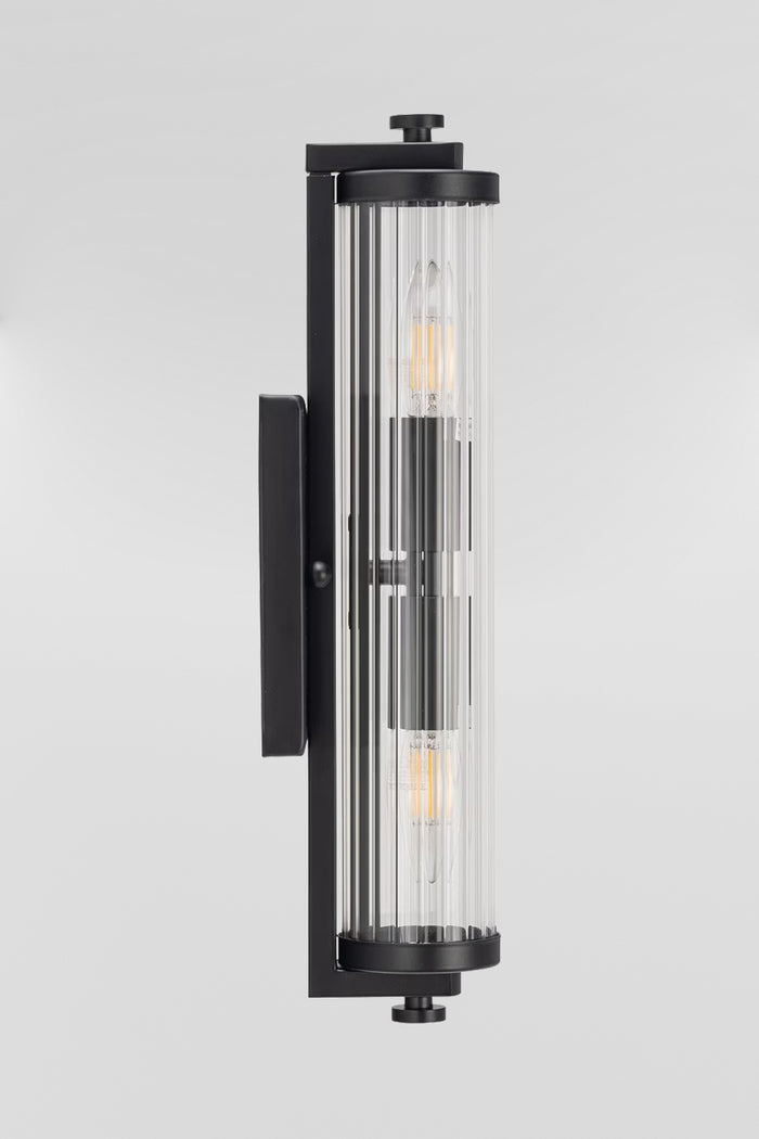 Side view of the matt black Art deco wall light with clear glass.