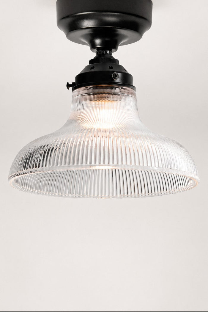 Small clear holophane glass shade on a black batten holder.