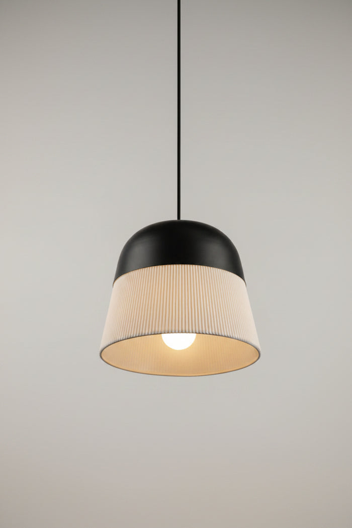 Colombes Pleat Penant on black cord with black metal hood.