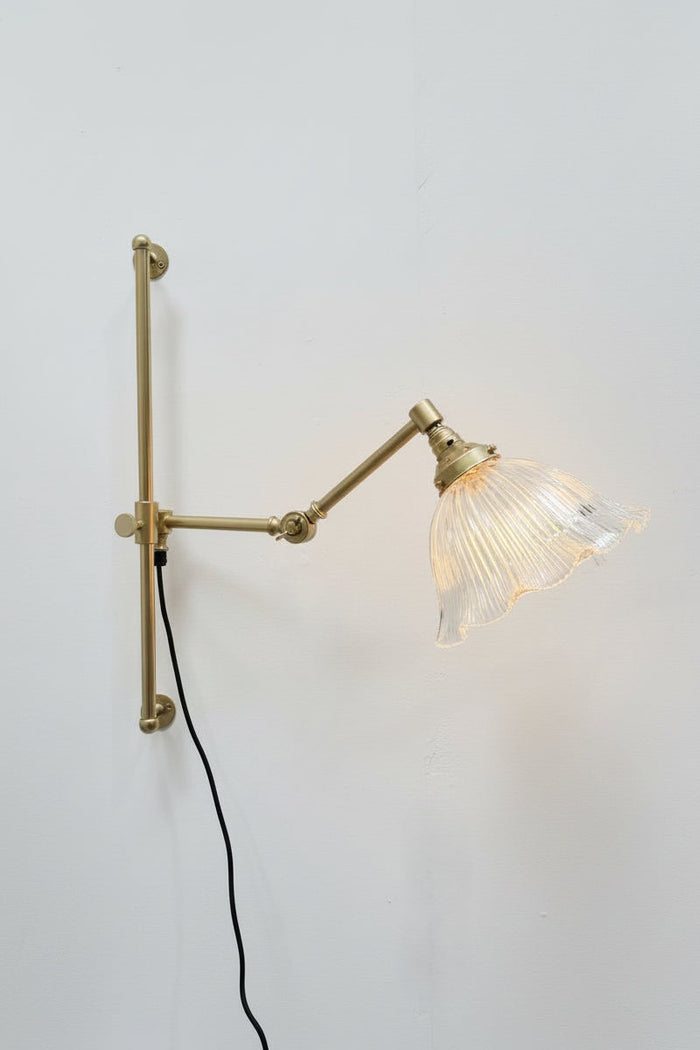 Gold/brass swing arm wall fixture with a large clear glass shade with ribbed retailing and a fill edge.