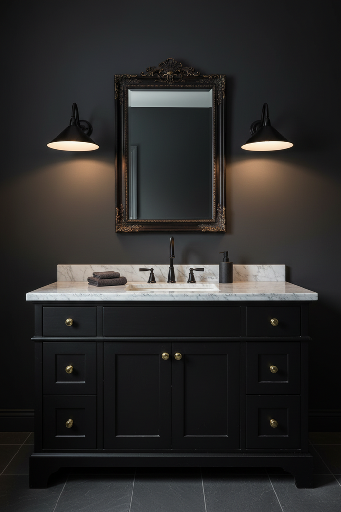 Black cone wall lights on gooseneck in a bathroom countertop, mirror, and  a dark wall.