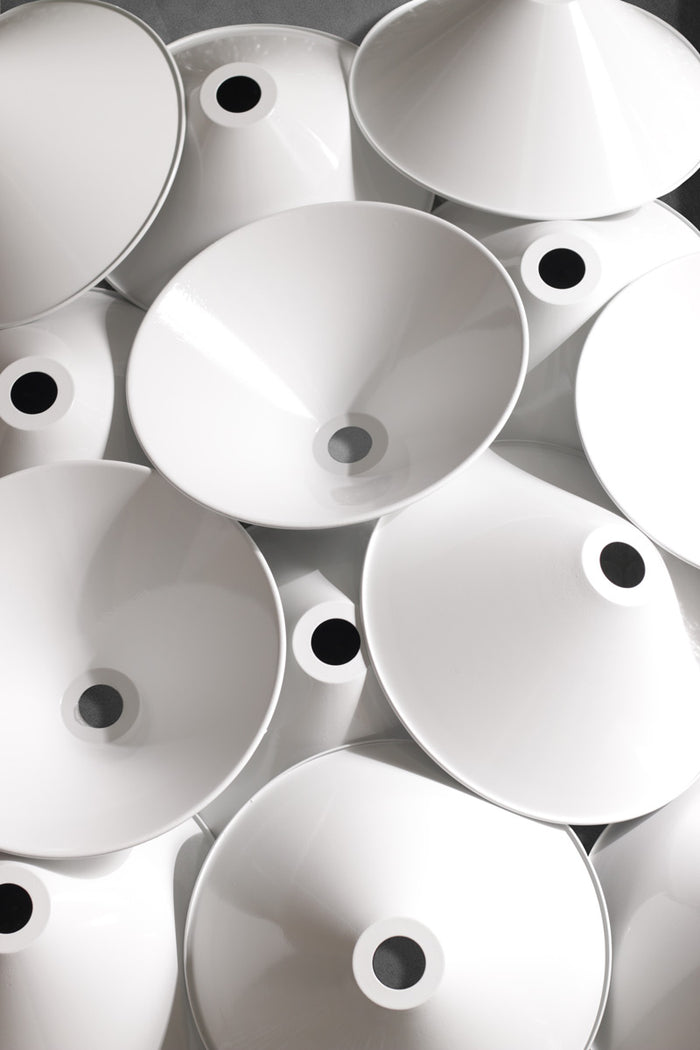 White steel cone style shades.