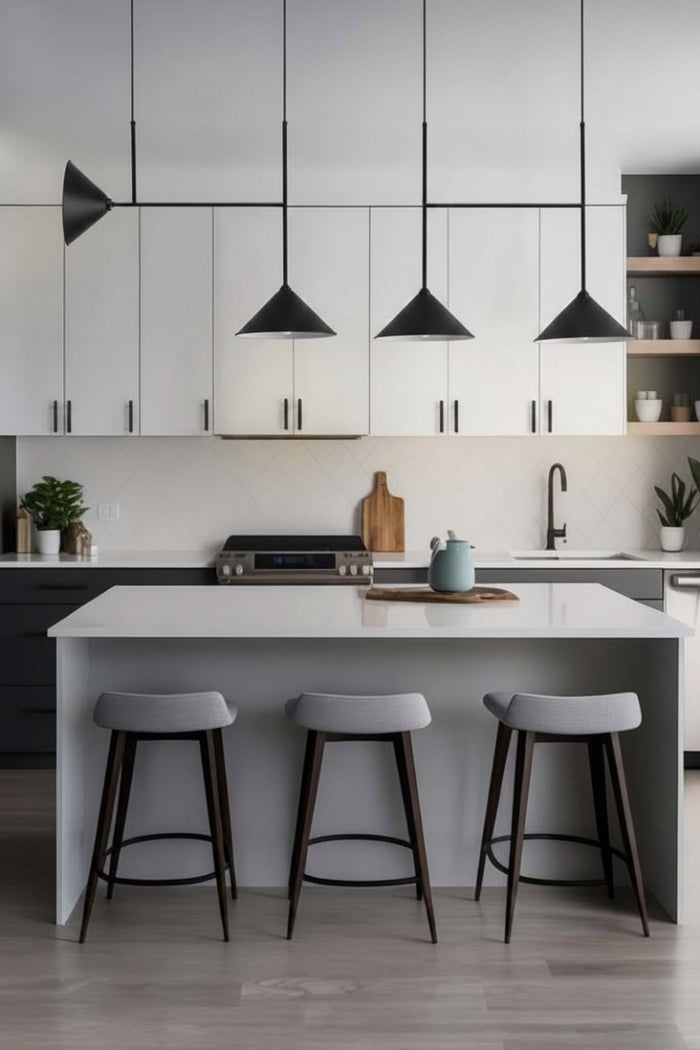 Cone Junction Light in black A B with black cones over kitchen bench