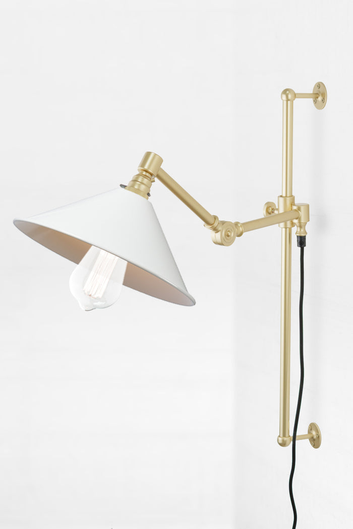 Large white shade Swing Gold/Brass Arm with black cord and plug.