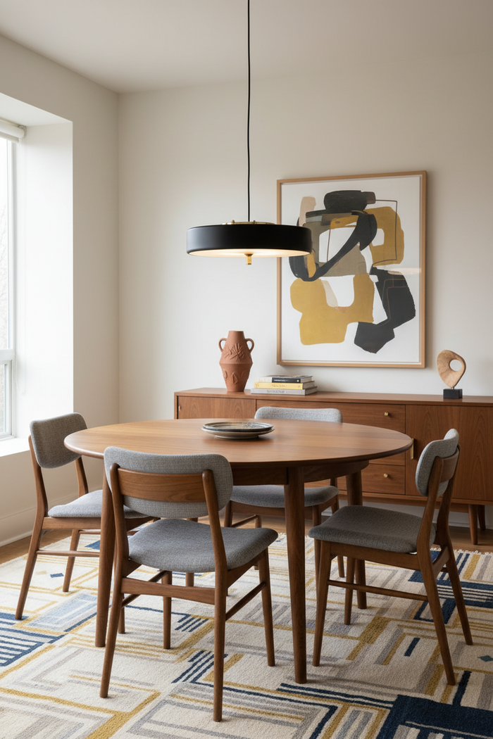 Black pendant light over a dining table. Mid century modern style decor