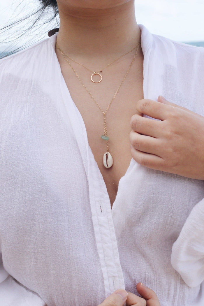 Cowrie Shell & Sea Foam Glass Necklace in Gold