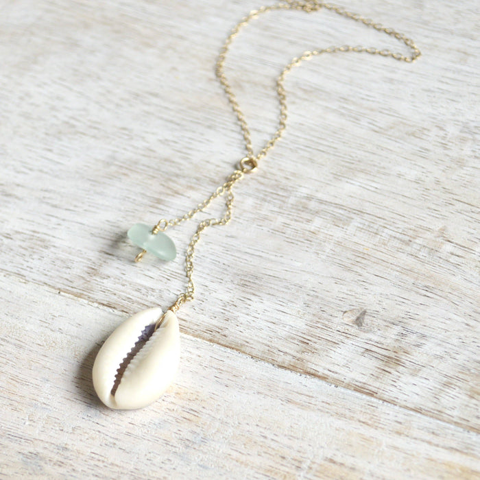 Cowrie Shell & Sea Foam Glass Necklace in Gold