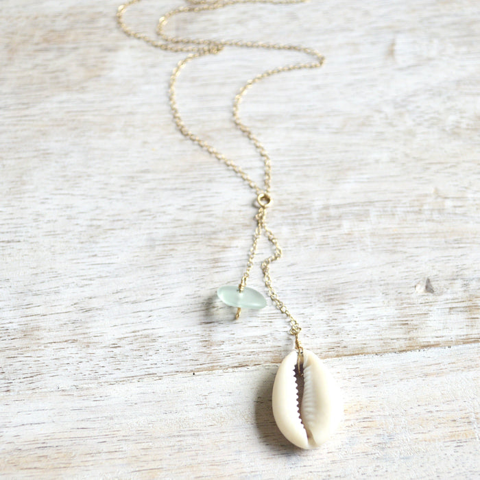 Cowrie Shell & Sea Foam Glass Necklace in Gold