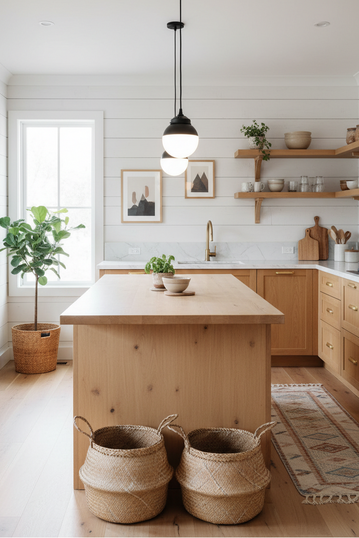 modern kitchen with timber bench and two crown pendant lights above