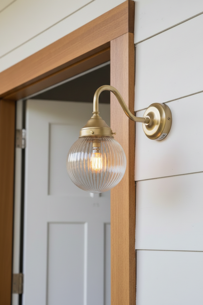 Gold wall-mounted light fixture with clear glass shade on a white wall.