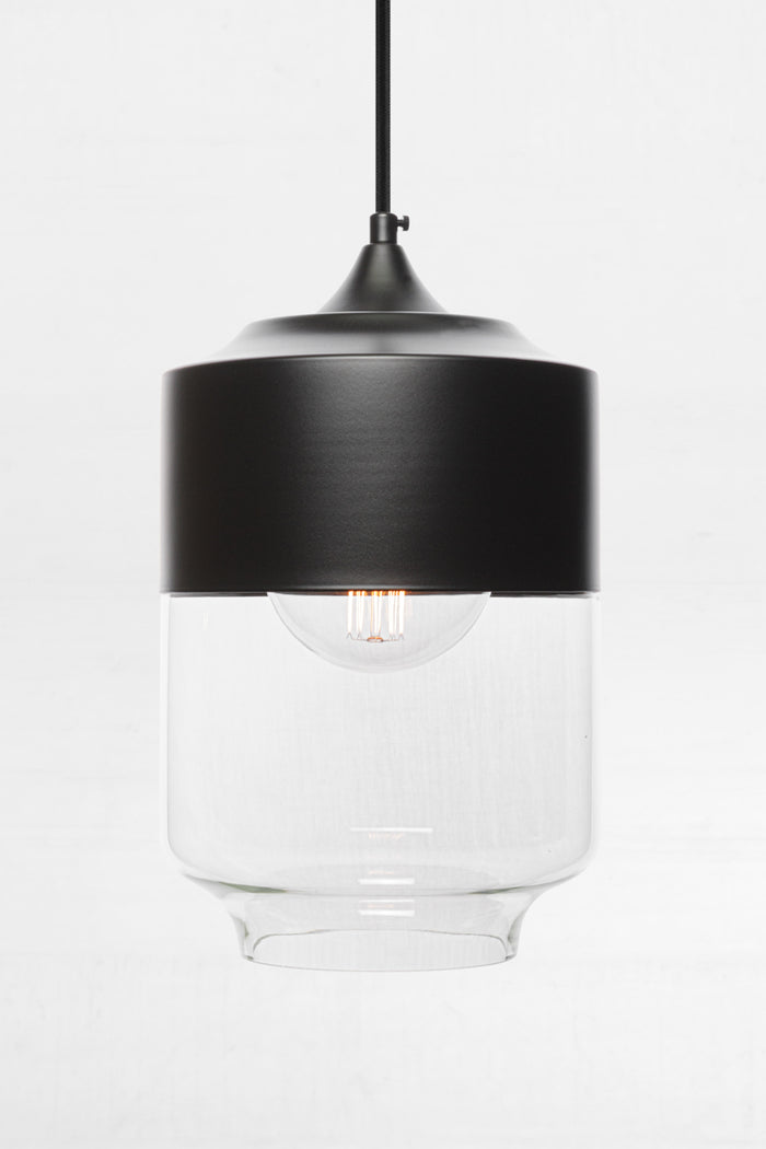 Front view of silhuette B of the Dalston industrial/ modern glass and metal pendant light.