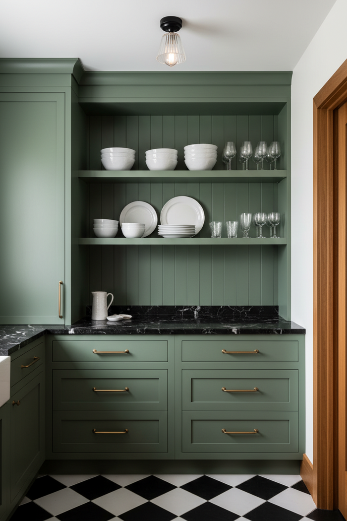 A buttlers kitchen with green cabinet and shelf. A black-and-white checkered floor is visible below. and black flush mount light with Davis shade