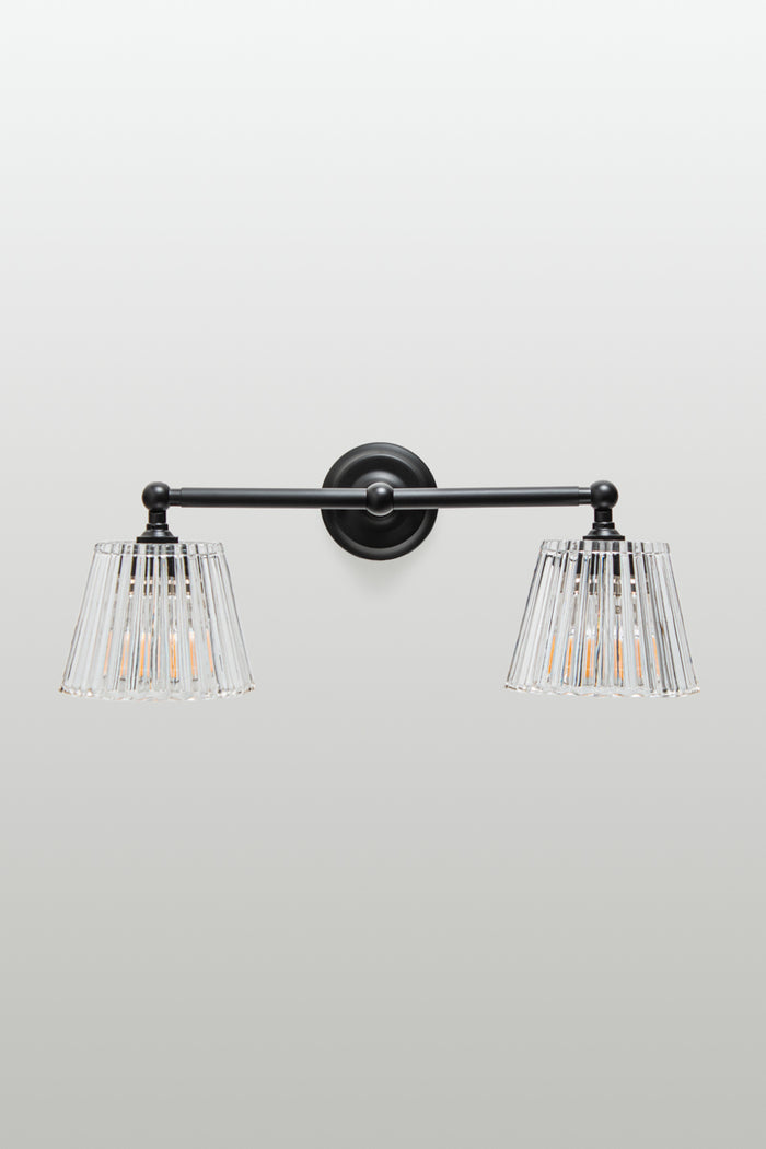 Black Davis Glass Double Swivel Arm Wall Light with two adjustable clear fluted glass shades