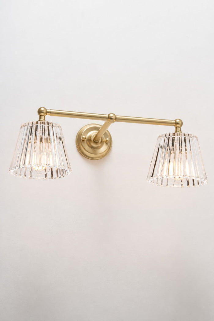 Gold/brass steel Davis Glass Double Swivel Arm Wall Light with two clear fluted glass shades