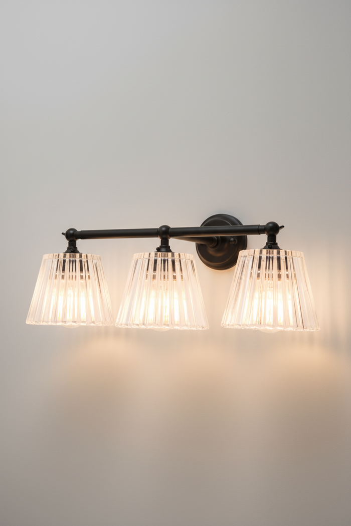 Davis Glass Triple Swivel Arm Wall Light illuminated with three textured clear glass shades