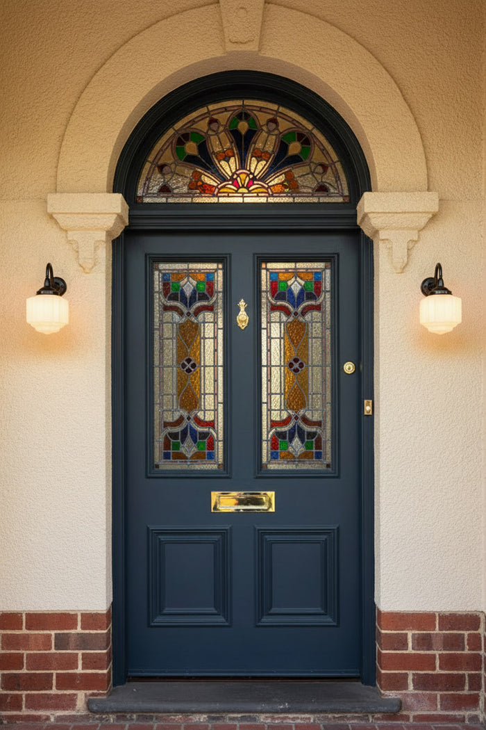 A dark navy blue double front door with decorative stained glass panels and two Deco opal shade on a black exterior gooseneck wall sconce shown at the front door of a heritage style house.