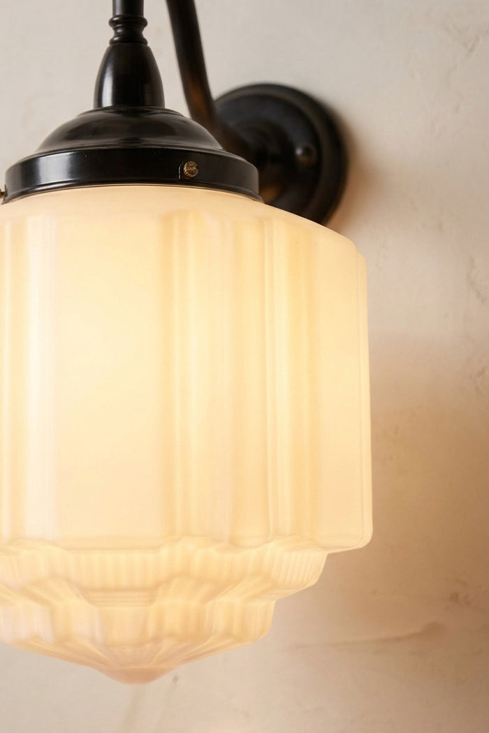 Close-up of Deco Glass Exterior Wall Light with ribbed opal glass shade
