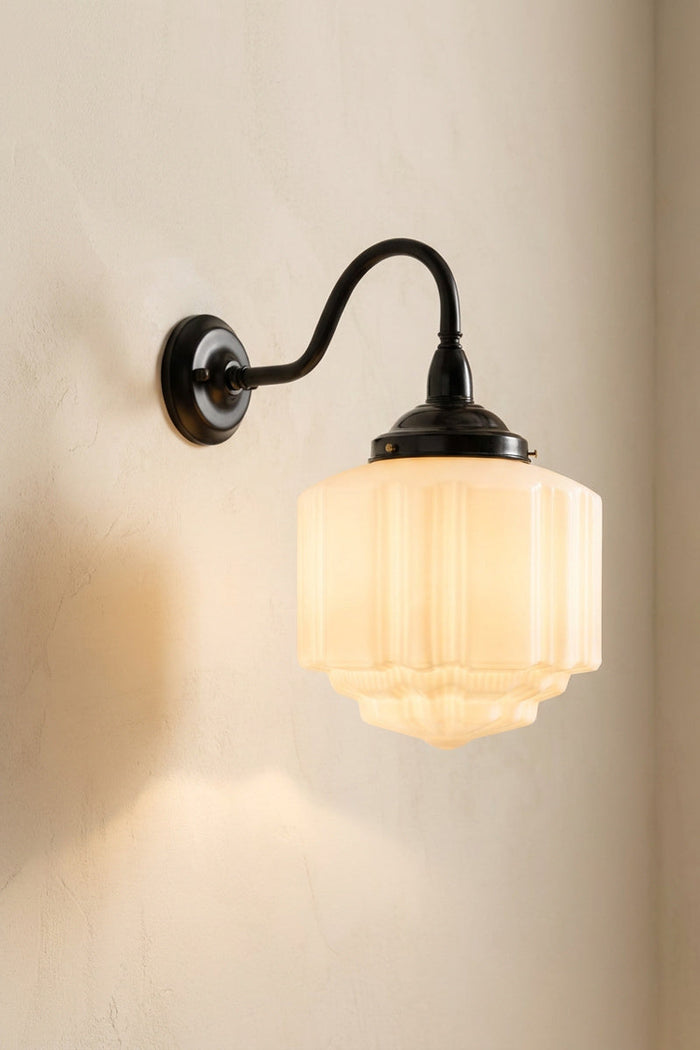 Illuminated Deco Glass Exterior Wall Light on curved black gooseneck arm