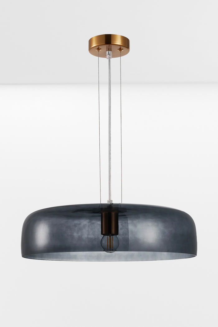 Single tiered smokey black glass pendant light with the light off.