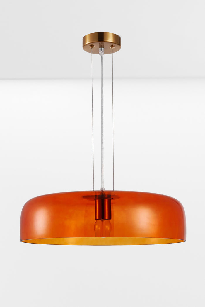 Single tiered orange glass pendant light with the light off.