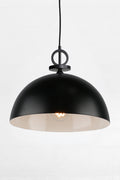 Large black steel dome shade with white inner and black pendant cord with disc detailing.