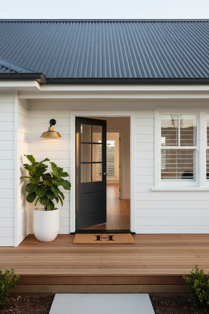 Warehouse exterior light with brass shade and black wall arm sconce on a weatherboard house.