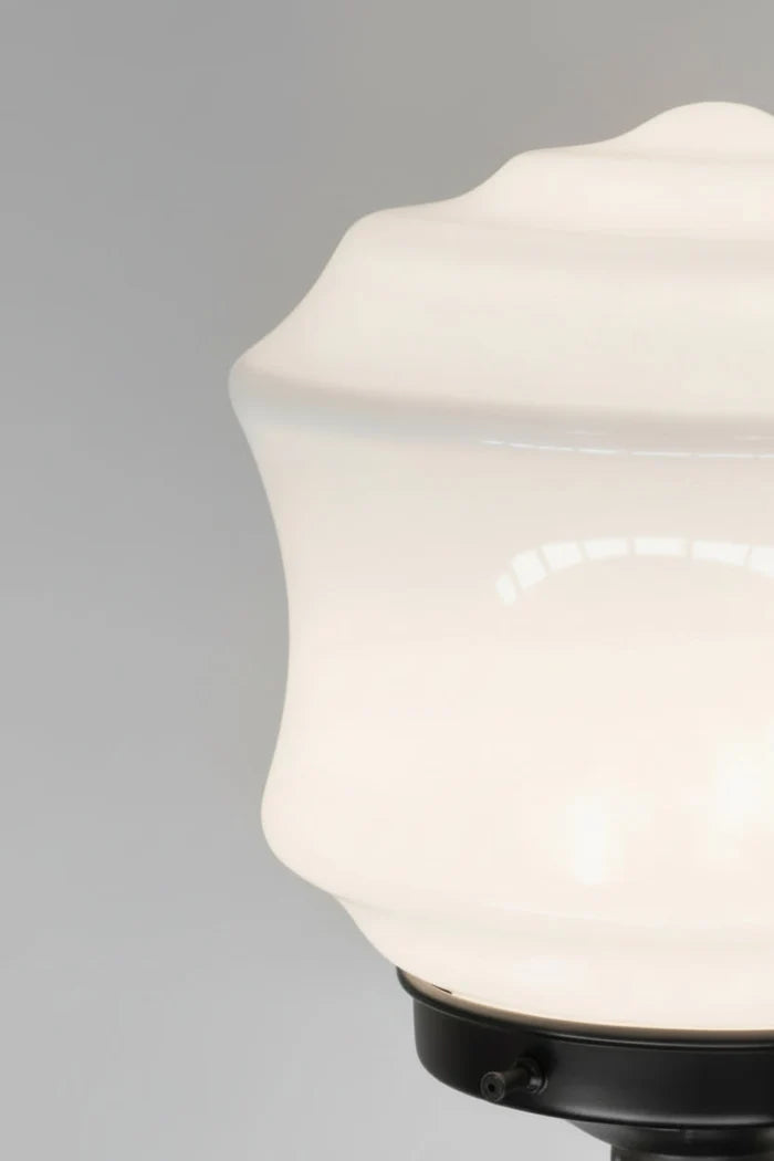 Close up of the opal glass shade on the black gallery