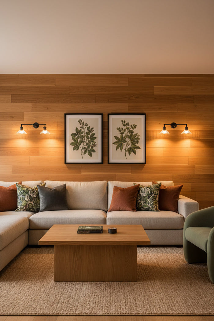 Two black double arm wall lights with clear glass shades next to artwork on a timber wall in a cosy lounge room.