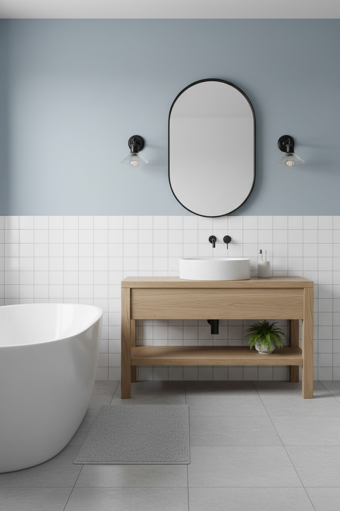 two wall lights flanking round mirror in a bathroom