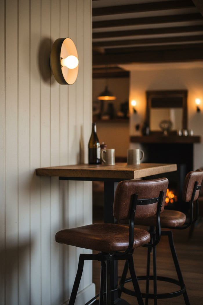 Wooden bar table with leather stools against a wall with a wall-mounted light fixture. Gambier Glass Wall Light in sage