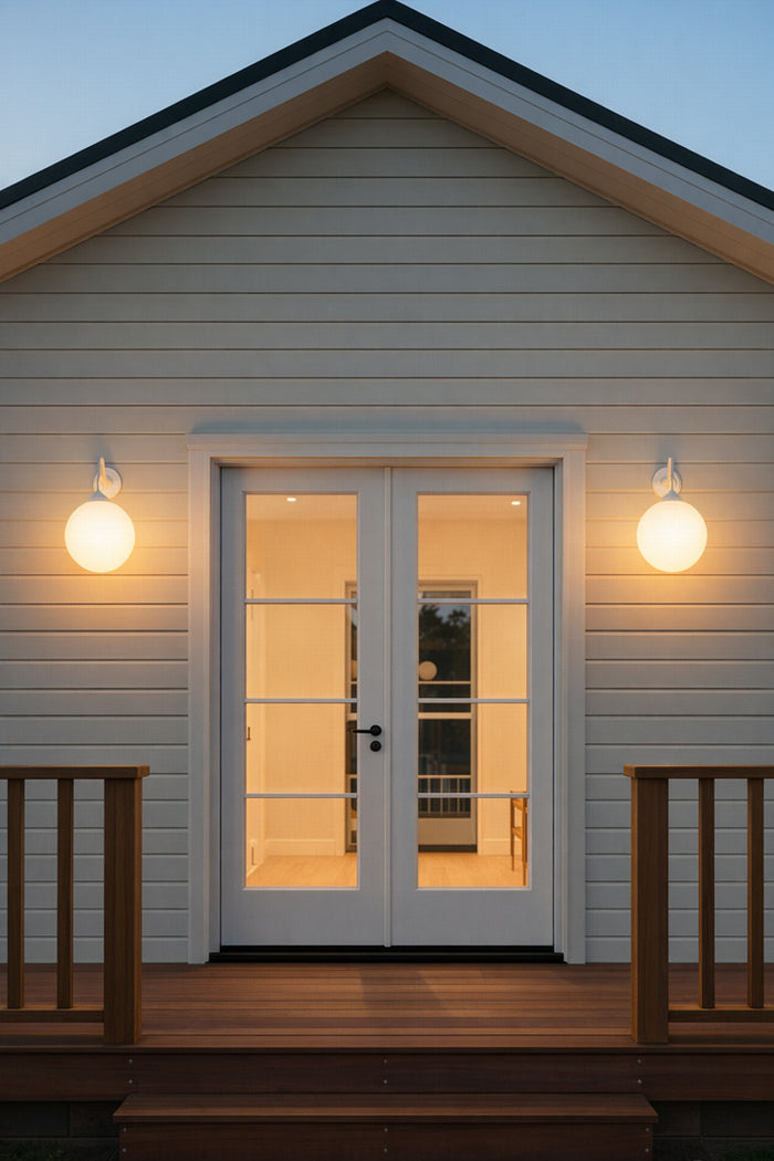 House exterior with a back door and glass ball wall lights on either side of door