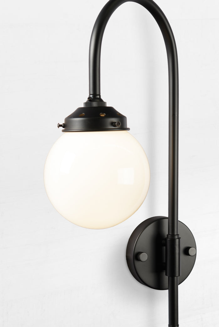 Glass Ball with black Shepard Hook Swivel Arm Wall Light