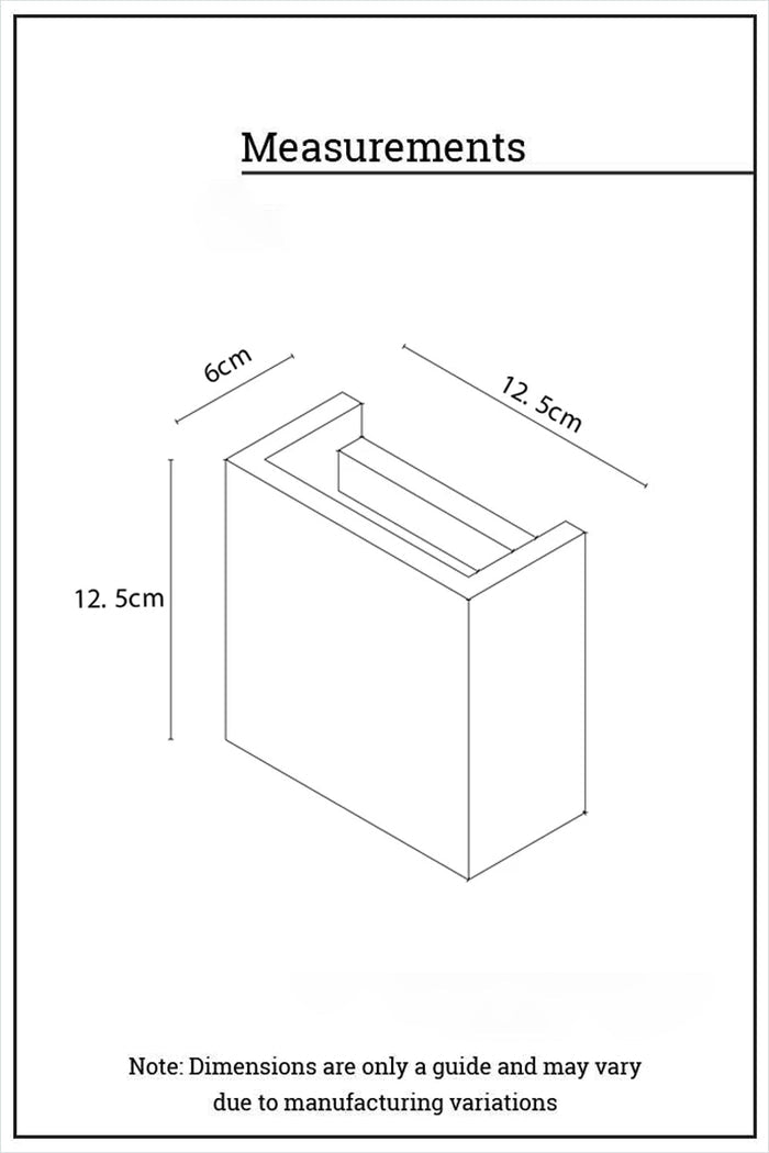 Dimensions diagram for the Griffs Plaster Wall Sconce showing measurements and installation specifications for the square gypsum wall light.