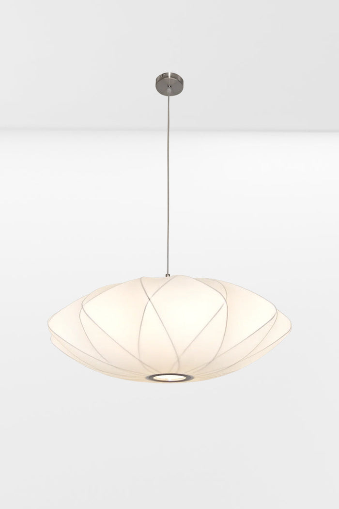 Small pendant light with a wired frame and white fabric shade, paired with nickel finishes hardware.