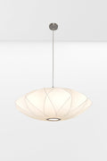 Small pendant light with a wired frame and white fabric shade, paired with nickel finishes hardware.