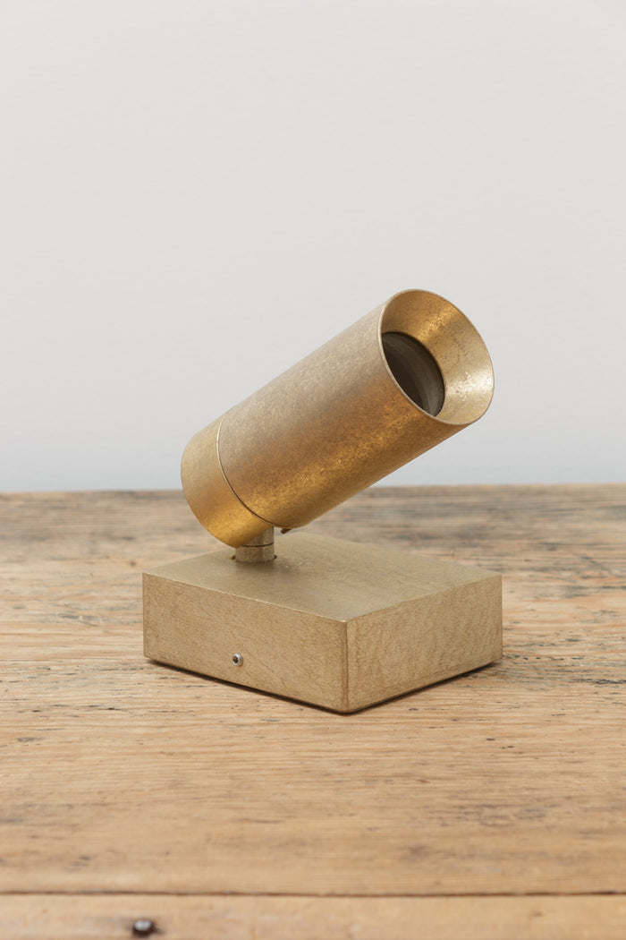 Antique brass adjustable wall spotlight displayed on a timber surface, showcasing the brushed brass finish and directional light head.