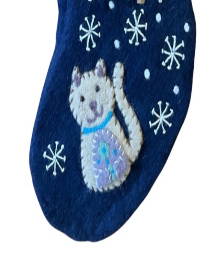 Handmade Nepal Felt Stocking - Cat & Moon Winter Night