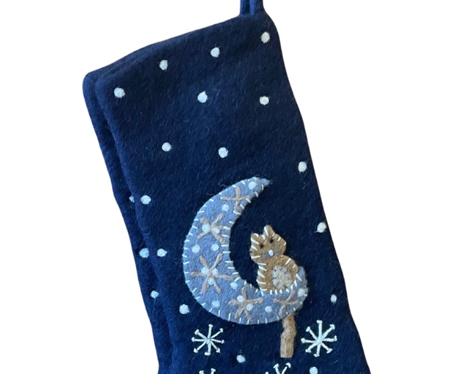 Handmade Nepal Felt Stocking - Cat & Moon Winter Night