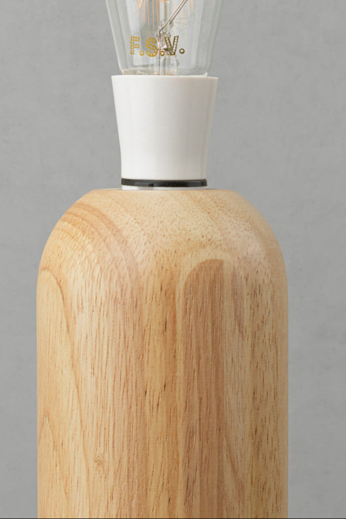 Close up of the the top of the wood block table lamp and white shade ring.