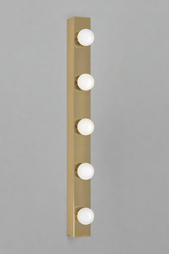 Vertical view of the brushed brass vanity stip light with 5 LED bulbs
