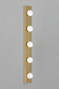 Vertical view of the brushed brass vanity stip light with 5 LED bulbs