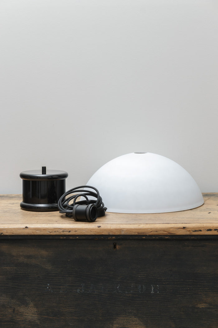 Homestead Brickworks Pendant Light shade with black metal shade cover, black fabric cord and ceiling components