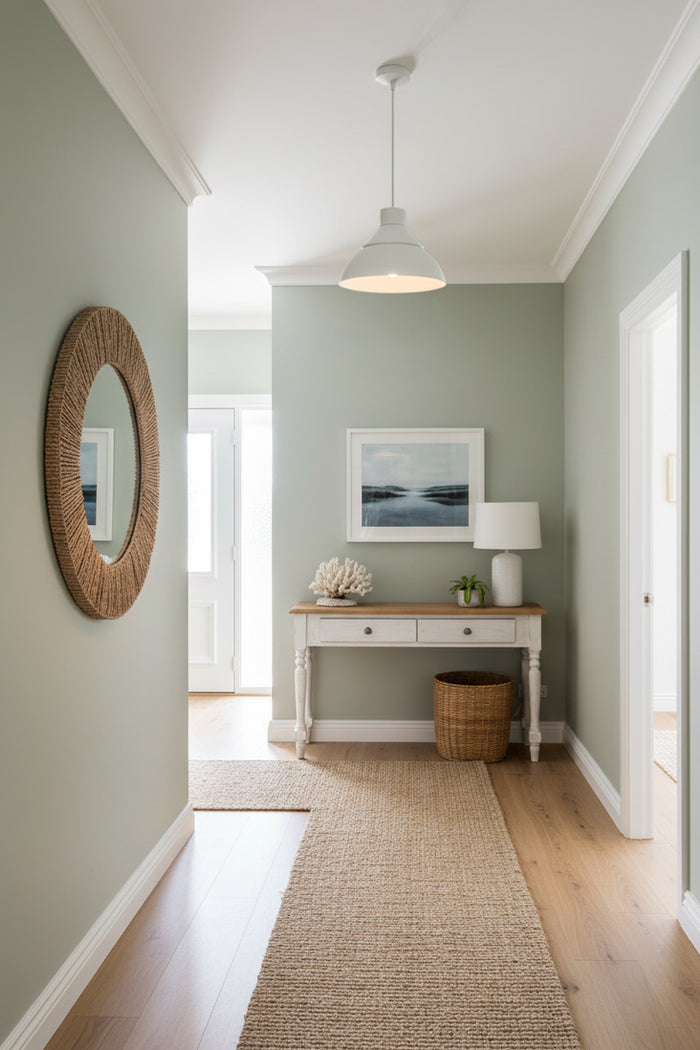 Homestead Foundry Pendant Light in white in a styled hallway entryway with sage green walls, light wood floors, a woven jute runner, a round wicker mirror, and a white console table with a lamp and framed art.