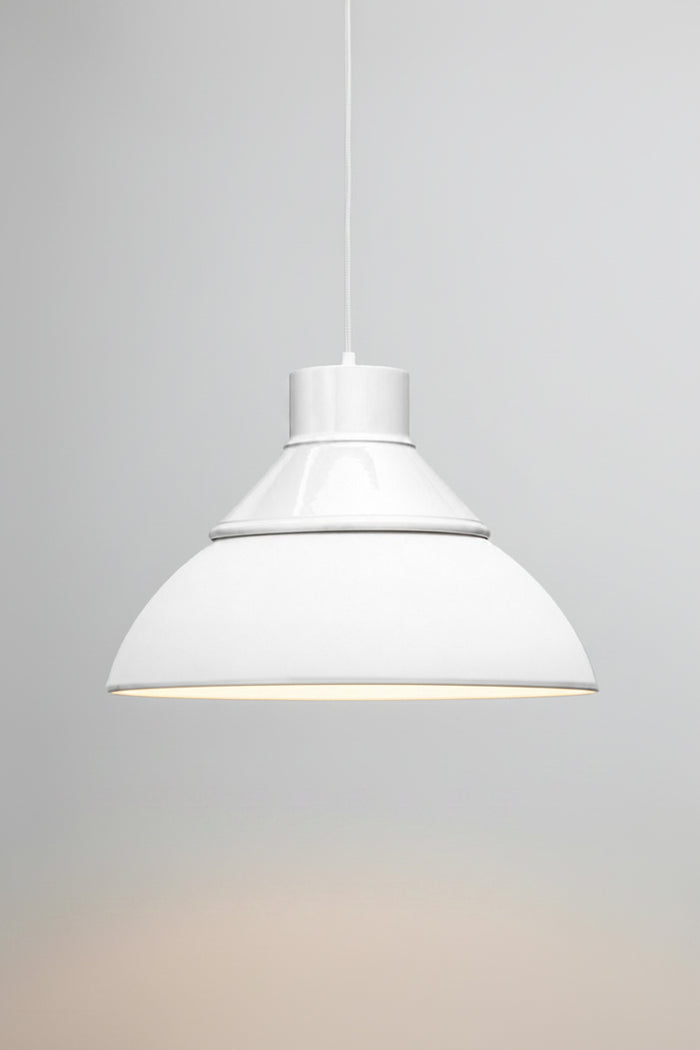 Homestead Foundry Pendant Light  unilluminated with a white shade cover and opal glass dome shade.