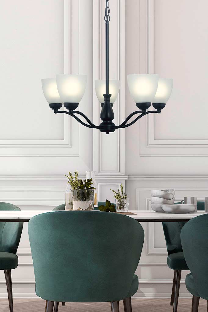 Black glass chandelier 5 lights over dining table.