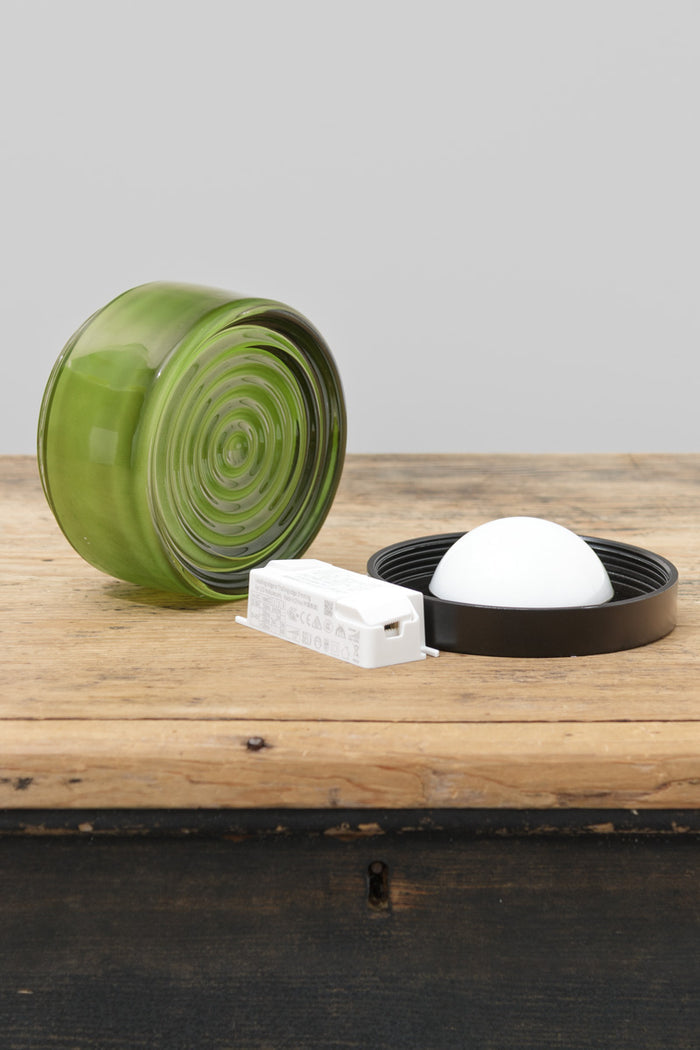 Green LED glass wall light displayed on a timber surface with included mounting hardware and LED driver.