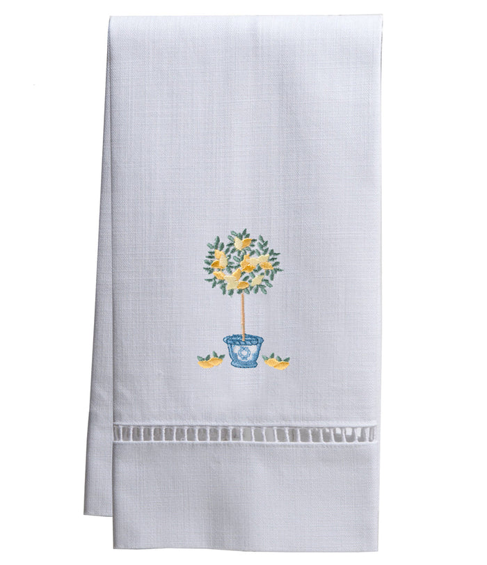 Lemon Topiary Tree Embroidered Linen-Cotton Guest Towel with Ladder Lace — embroidered textile and product presentation