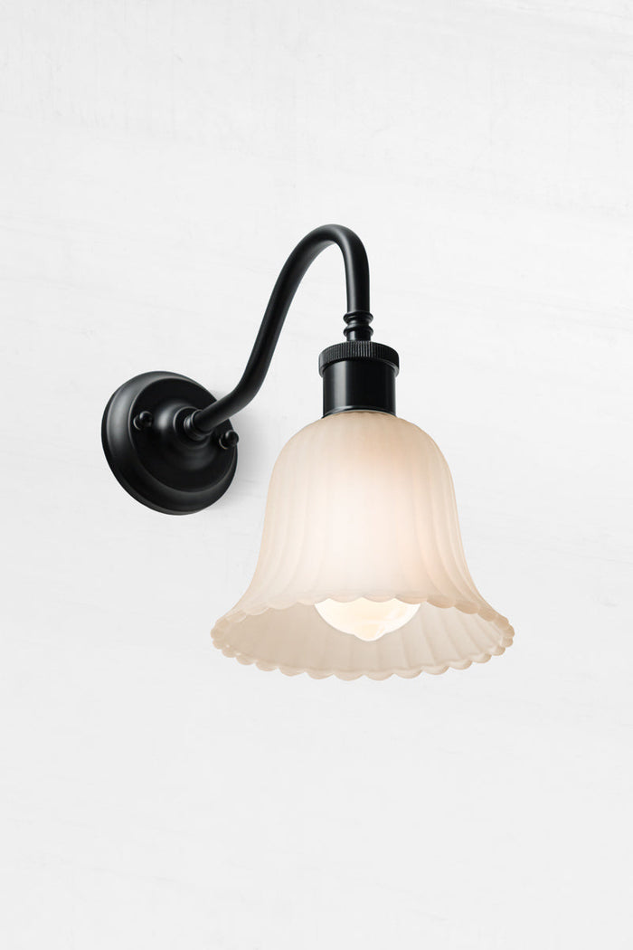 Lille Glass shade on black Gooseneck Wall Light uses opal bulb