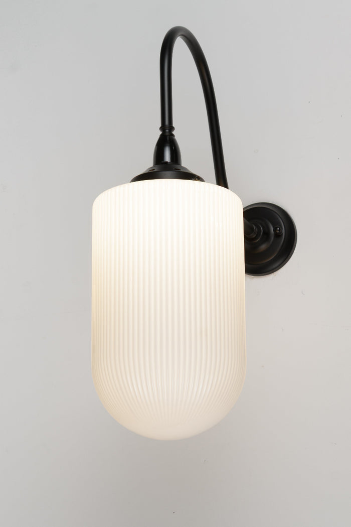 Large opal reeded glass shade on a black extra large gooseneck  outdoor wall light.