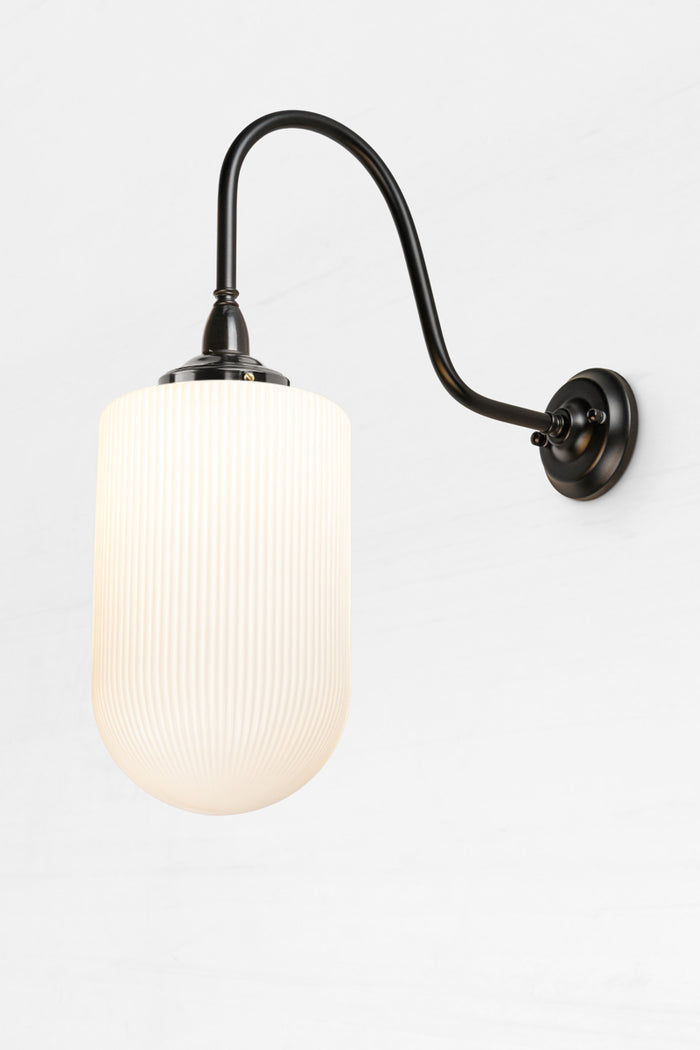 Lloyd opal reeded glass shade on a black extra large gooseneck  outdoor wall light.